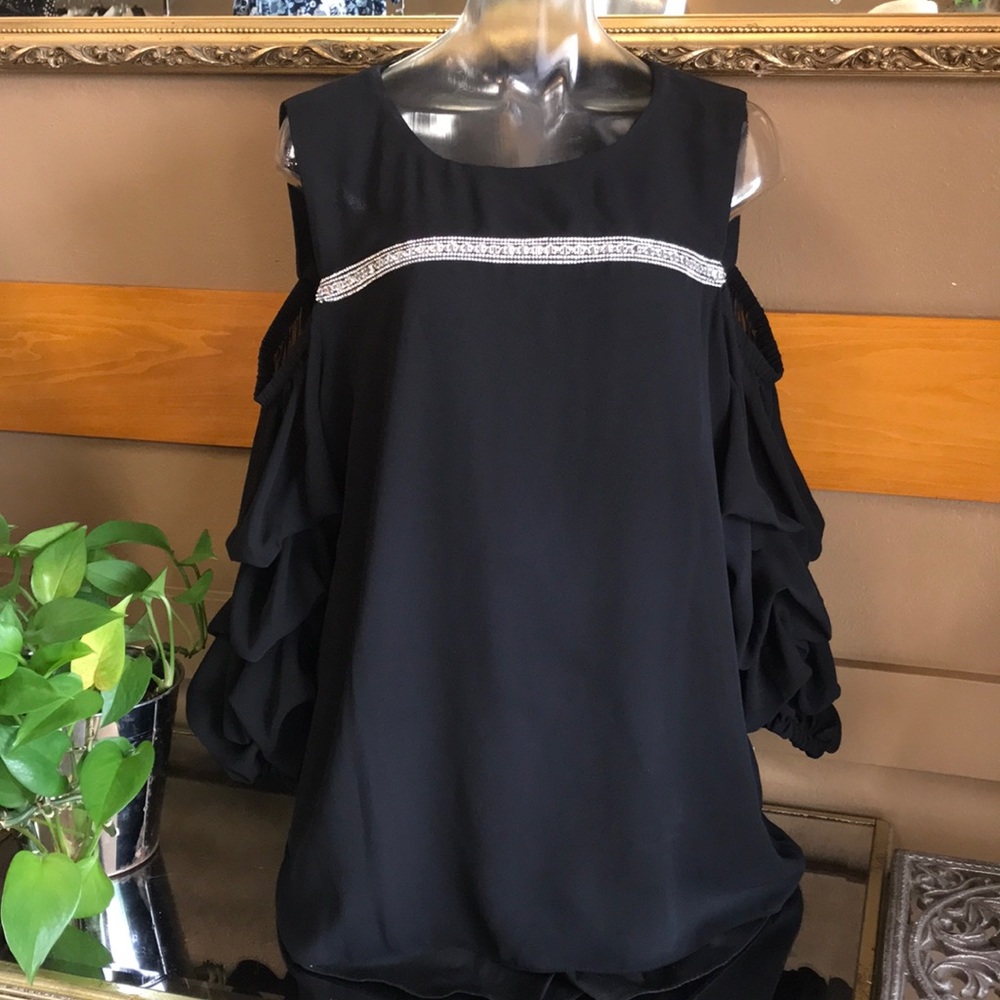 MSK BLACK OPEN SHOULDER BLOUSE W RHINESTONE ACCENT